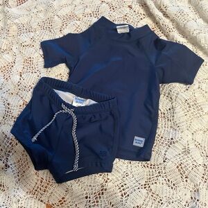RuggedButts boys' navy blue short-sleeve rash guard and swim trunks set 3-6 m